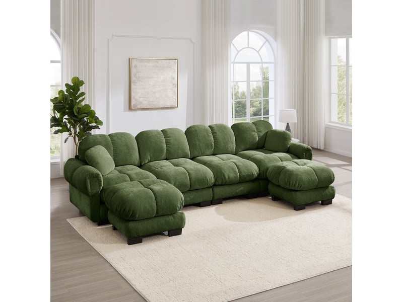  Canapé modulable 4 places modenvie en u avec 2 poufs mobiles, tissu chenille, 330 x 149 x 90 cm, vert  - Conforama D
