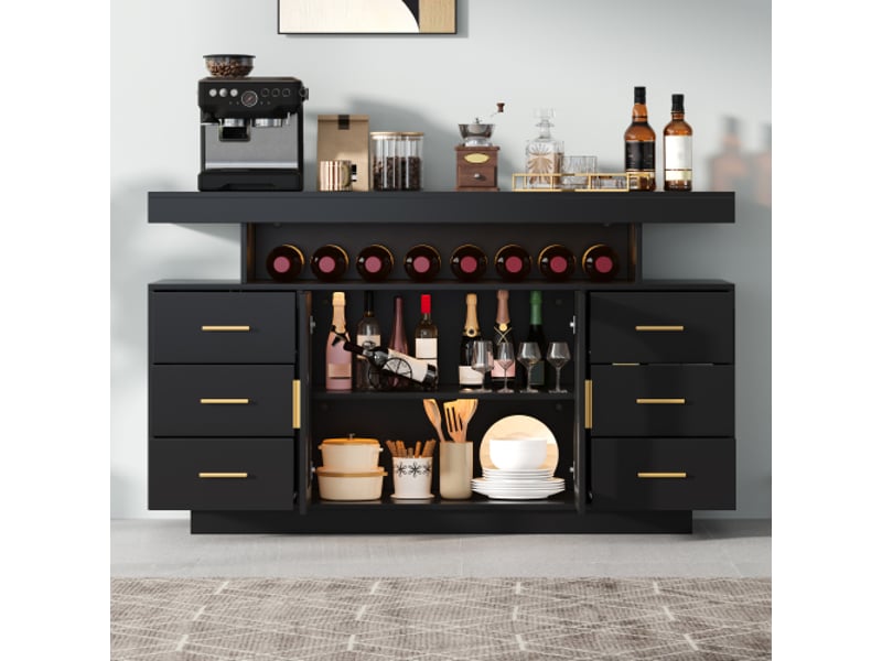 Buffet bar à vin 140x40x76 cm avec 6 tiroirs et 2 portes, éclairage led rgb, en mdf couleur noir, moderne - Conforama B
