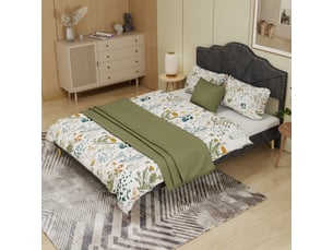 Lit 160x200 cm gris à structure basse, tête de lit moelleuse, multifonction, sans matelas
