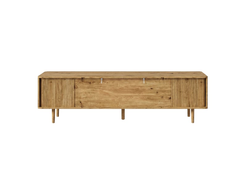  Meuble tv avec 4 tiroirs et 2 portes coulissantes, coins arrondis, pour salon, en mdf, 165×40×46 cm, finition bois  - Conforama A