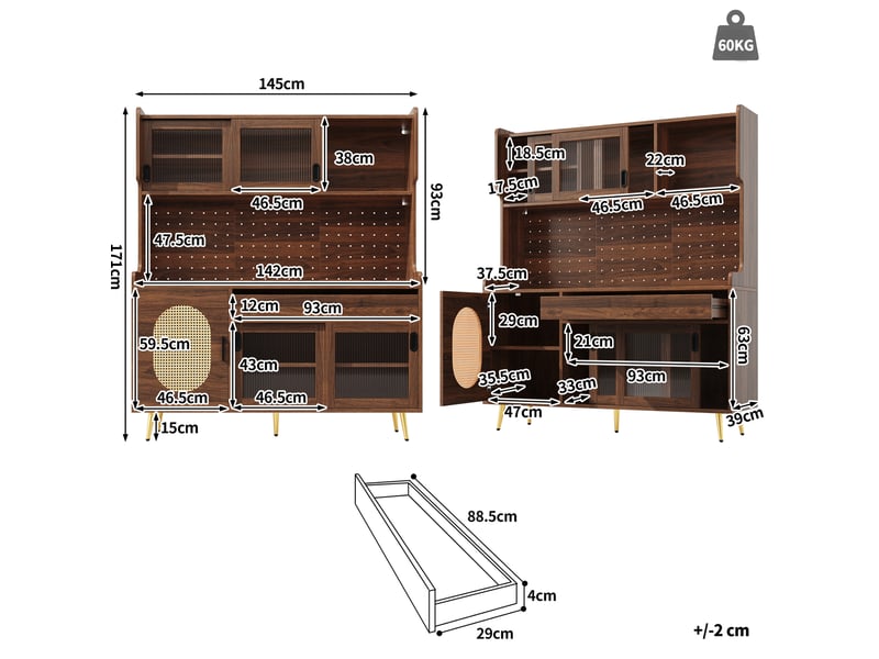  Buffet cuisine 145x39x171cm, led, meuble cuisine avec cinq portes, meuble salon, portes en verre cannelé, mdf, brun  - Conforama C