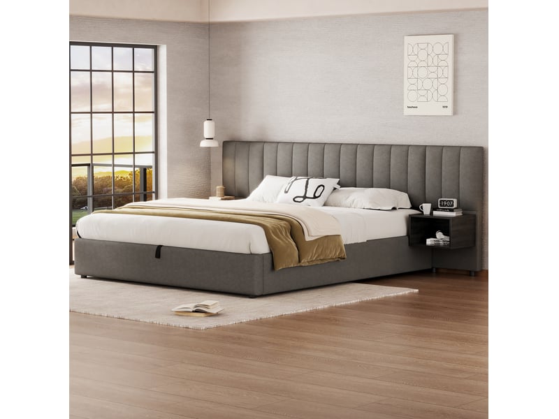 Lit coffre 2 places 180x200 cm avec 2 chevets, tête de lit, sommier et espace de rangement, revêtement lin gris, sans matelas - Conforama D