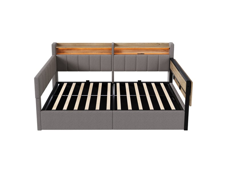  Lit enfant 140x200cm , coffre hydraulique, led, tablette rabattable, tables de chevet, port usb, sans matelas,velours gris  - Conforama A