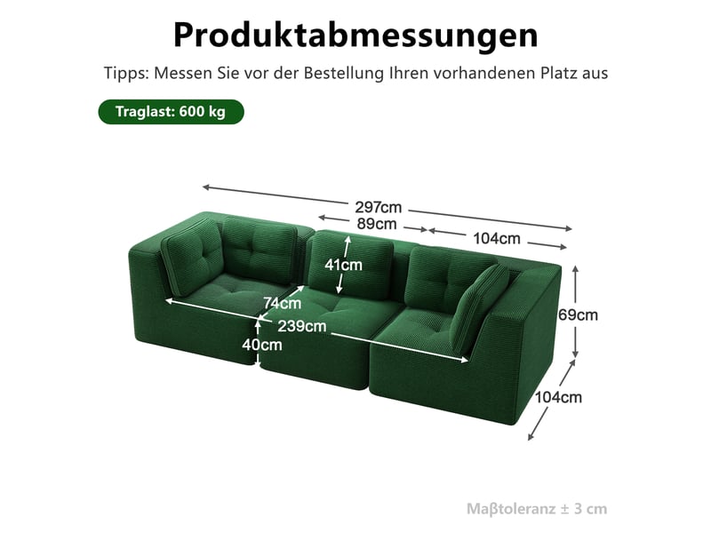 Canapé d'angle modulable 3 places en velours côtelé vert, sans montage, assise profonde, design sans cadre - Conforama C
