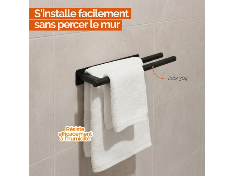  Porte serviette adhésif mural salle de bain ou cuisine 2 barres, sans perçage - acier inoxydable - noir  - Conforama C
