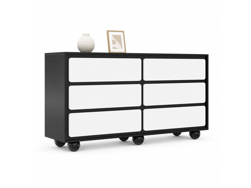  Commode avec 6 tiroirs, bords arrondis et pieds en métal, pour chambre ou salon, panneaux de particules, blanc et noir, 140×38×74,5 cm  - Conforama A