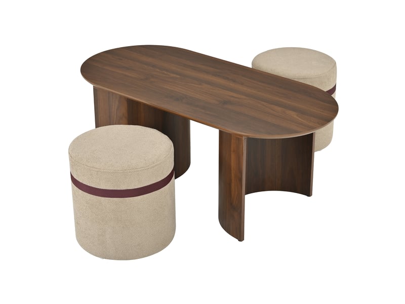  Table basse avec 2 poufs - ensemble 3 pièces- table ovale et poufs ronds - salon  - Conforama E