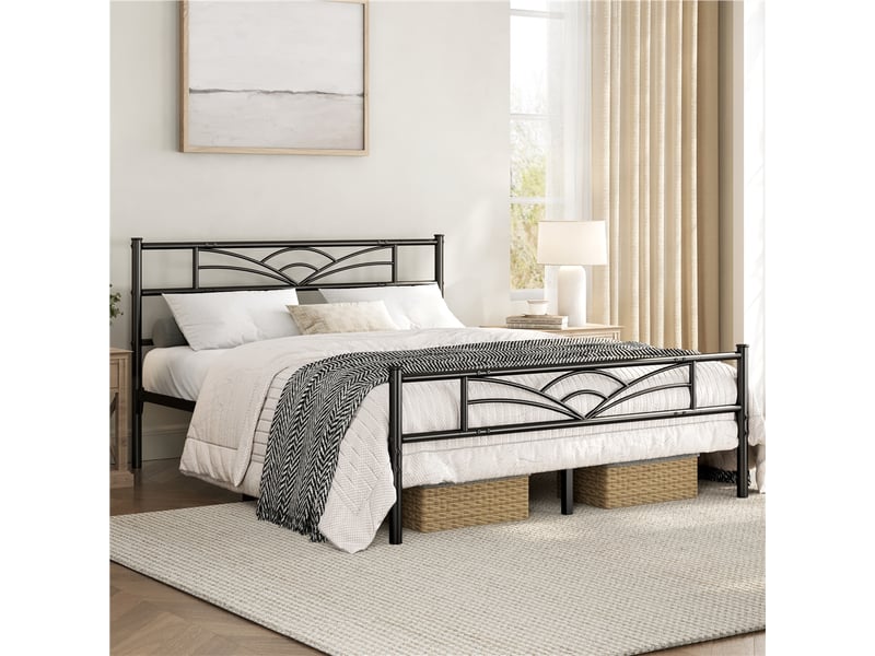  Cadre de lit métallique avec tête de lit motif nuages 160x200 cm, support à lattes renforcé et espace rangement inférieur 615079 Black (160*200cm) - Conforama W
