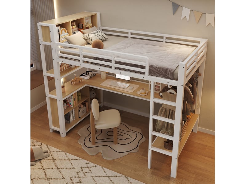 Lit mezzanine 90x200 cm blanc en métal et mdf avec bureau, penderie et rangements, sans matelas, pour chambre - Conforama E