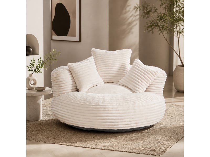  Fauteuil pouf 108x108x52 cm, avec 3 coussins, à haut dossier, revêtement en velours côtelé beige, pour adultes et enfants  - Conforama B
