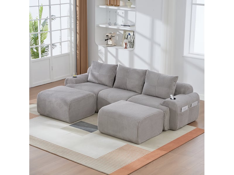  Canapé modulable 3 places 268x174x80 cm porte-gobelets poche latérale assise large confort velours côtelé gris clair  - Conforama W