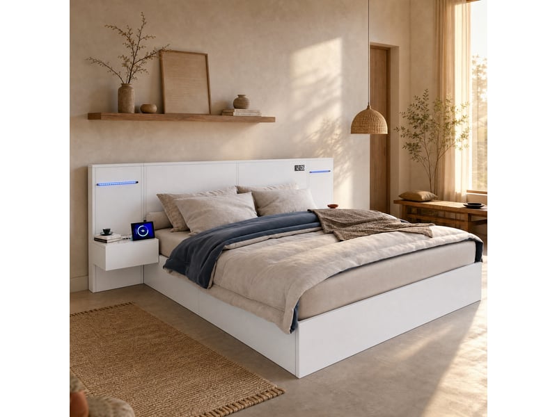  Lit double 160×200 cm usb, usb-c, enceinte bluetooth et led réglable  - sans matelas, mdf - blanc  - Conforama C