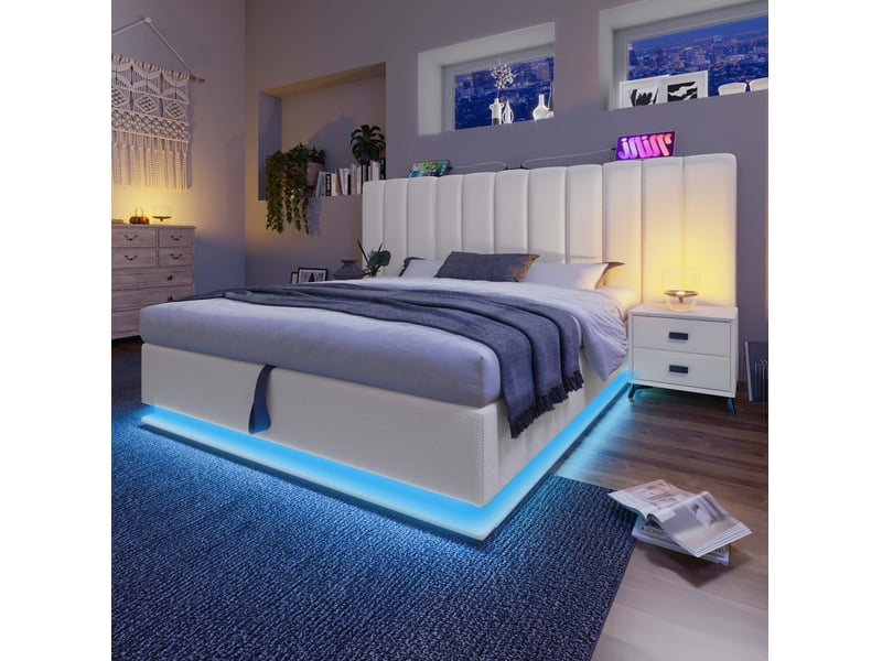  Lit coffre 180x200 cm avec led contrôlable par application, usb-c, pu blanc et sommier  - Conforama E
