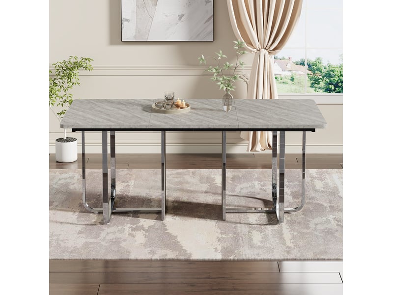 Table à manger, 180x80x75 cm, design moderne 6 places, pratique, plateau mdf, piètement métal, coloris gris et argenté - Conforama E