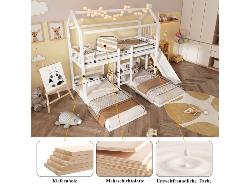  Lit superposé enfant 90x200cm blanc avec toboggan, toit, trois couchages et rangement  - Conforama E