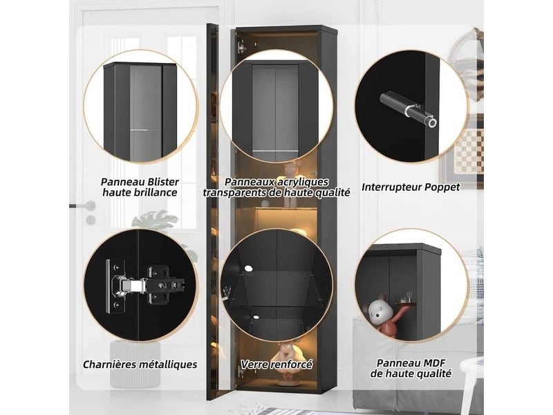  Vitrine colonne d'exposition 40x29x170 cm avec étagères en verre et porte acrylique – étagère vitrée noire avec ruban led rvb connecté par application et télécommande – meuble de collection salon et bureau  - Conforama C