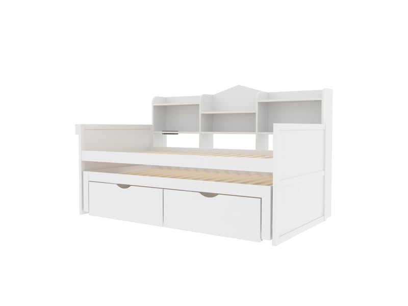 Lit banquette avec gigogne et rangements, bois blanc, 90x200 cm, 2 tiroirs et usb - Conforama D