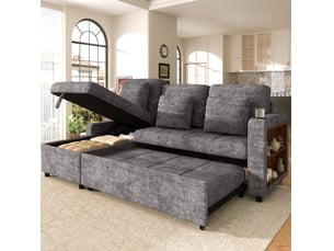 Canapé d'angle gauche convertible <strong>MODENVIE</strong> <strong></strong> 3 places Tissu gris avec coffre de rangement