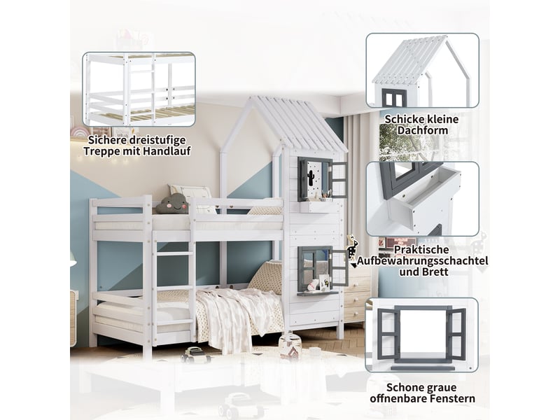  Lit superposé 90x200 cm, lit enfant avec main courante et fenêtre, lit de maison avec protection contre les chutes, pin, blanc  - Conforama R