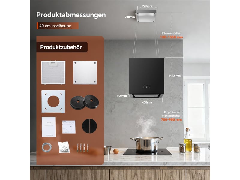 Hotte îlot noire 800 m³h avec recyclage, filtre à charbon actif et éclairage led, 3 vitesses avec boost pour cuisine sans sortie extérieure - Conforama C