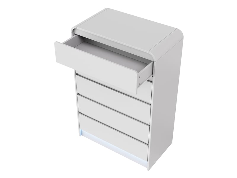  Commode de chambre, 73x40x110cm, avec 5 tiroirs et éclairage led, en bois, style moderne, blanc  - Conforama D