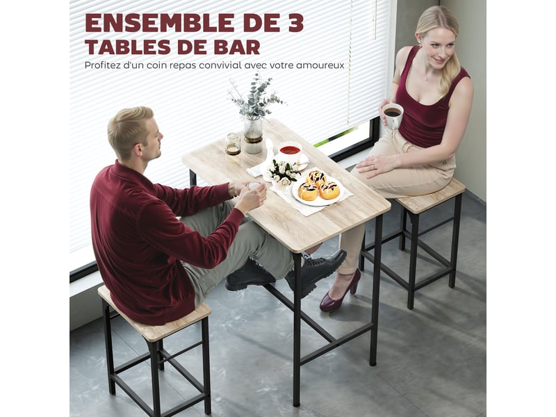  Ensemble table de bar avec 2 tabourets, cadre en acier pour cuisine, salle à manger et salon, effet bois naturel  - Conforama D