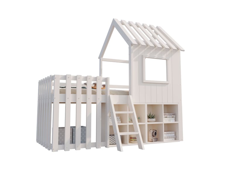  Lit cabane enfant mezzanine 90x200 cm avec toit, fenêtres et rangement blanc  - Conforama A