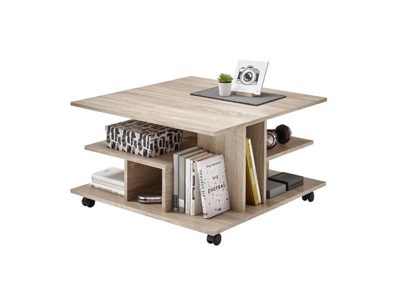 Table basse sur roulettes avec niches de rangement - 76 x 76 x h44 cm  - Conforama C