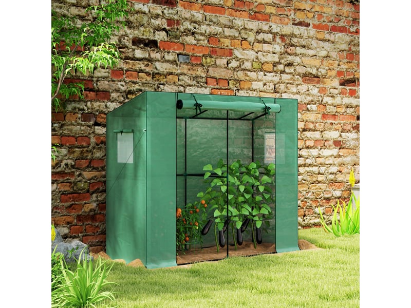  Mini-serre adossée avec porte enroulable et fenêtres en filet, résistante aux uv, pour fleurs, semis, plantes, verdure  - Conforama C