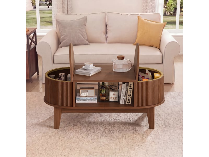 Table basse ovale – noyer – rangement triple – couvercle relevable – design rétro – 100×50×40,5 cm - Conforama E