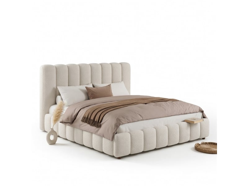  Lit coffre rembourré double 200x200 cm avec rangement hydraulique, sommier à lattes, tête de lit rembourrée, blanc bouclé  - Conforama A