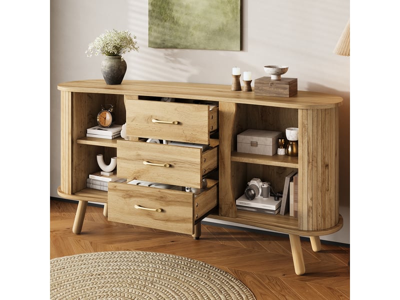 Buffet 150x36,5x75cm, portes coulissantes, 3 tiroirs, tablettes réglables, rangement, pour cuisine, mdf, couleur naturel  - Conforama B