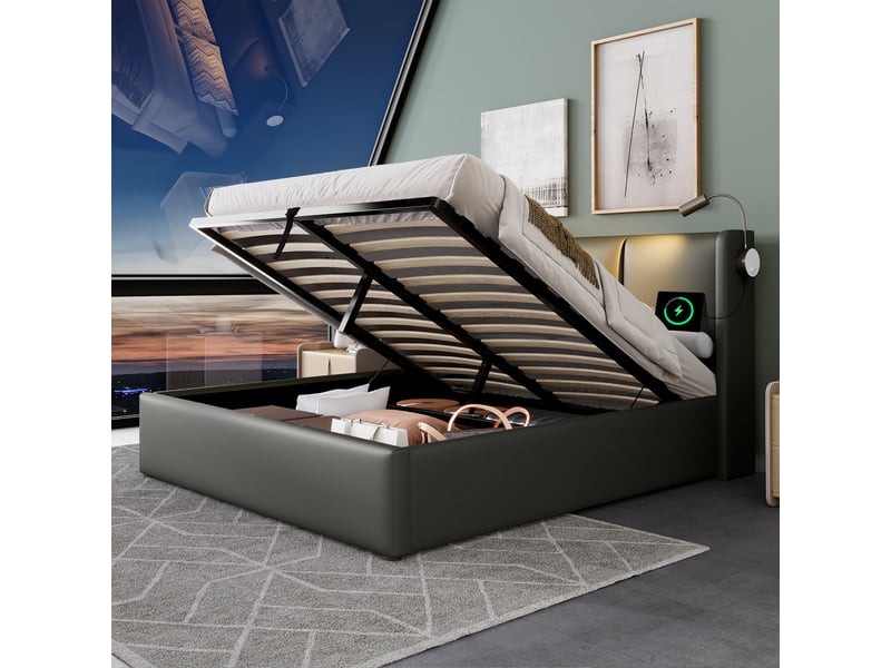  Lit coffre 160x200 cm – lit double avec sommier à lattes et lampe usb, pu, sans matelas, gris  - Conforama E