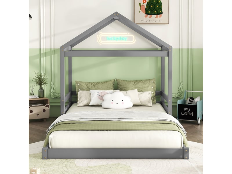 Lit cabane 140x200 cm pour enfant avec sommier à lattes, pin et mdf, gris - Conforama D