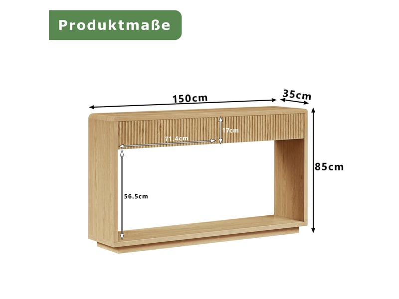  Console avec 2 tiroirs et niche ouverte, façades rainurées, pour entrée et salon, en panneaux, naturel, 150 × 35 × 85 cm  - Conforama D
