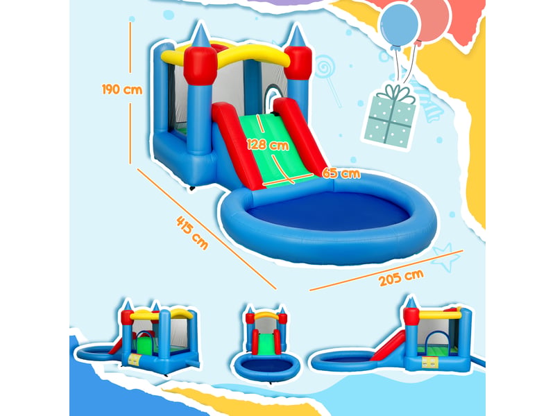  Château gonflable 4 en 1 : trampoline avec toboggan, 415 x 205 x 190 cm, multicolore  - Conforama E