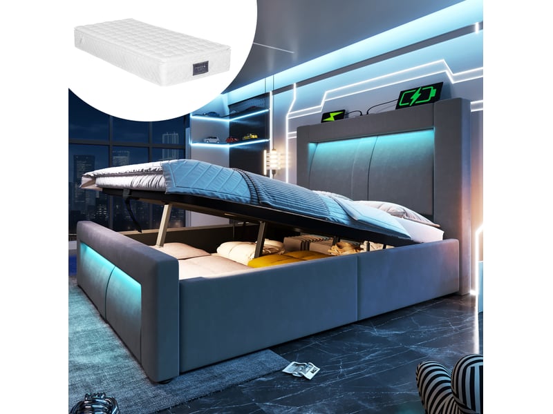 Lit coffre 90x200 cm avec éclairage led et ports de charge en velours gris  - Conforama C