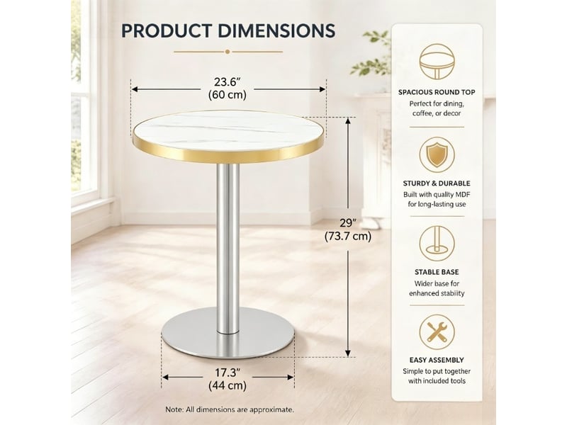  Table d’appoint ronde moderne, plateau effet marbre bord doré, structure métal noirdoréargenté  - Conforama C