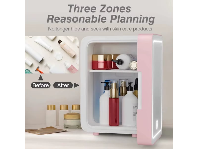 Un réfrigérateur de 4 litres avec éclairage led et miroir, idéal pour les chambres, pour ranger cosmétiques, produits de soin et aliments. Rose. - Conforama C