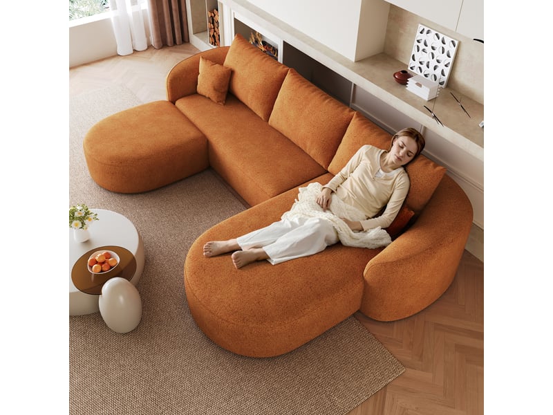  Canapé d'angle droite 3 places en u canapé modulable canapé compressé en chenille avec méridienne et pouf, orange  - Conforama E