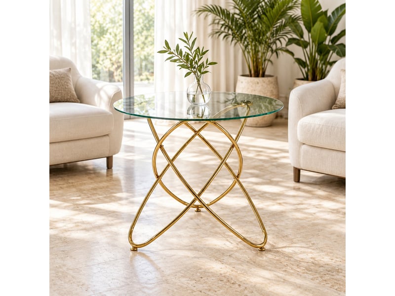  Table de salle à manger ronde 80x75 cm, pieds croisés en métal, plateau en verre trempé, design moderne doré  - Conforama B