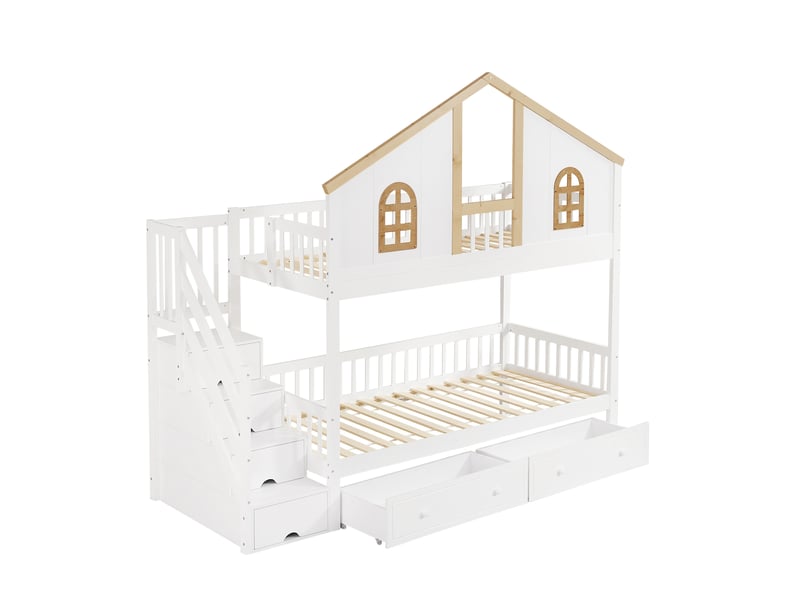  Lit superposé enfant 90x200 cm – blanc et naturel – escalier avec rangement et 2 tiroirs à roulettes  - Conforama D