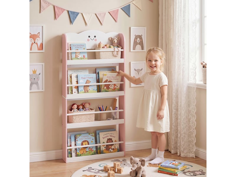  Bibliothèque pour enfant, rangement livre enfant 4 niveaux en thème barbe à papa, 60x12x108cm, rose  - Conforama C