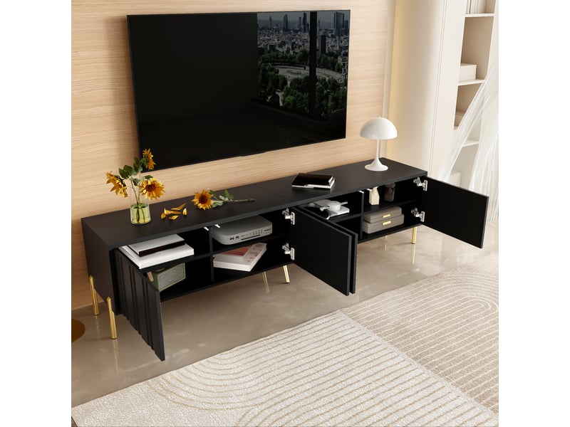  Meuble tv noir 190 cm avec pieds dorés, portes rainurées  - Conforama D