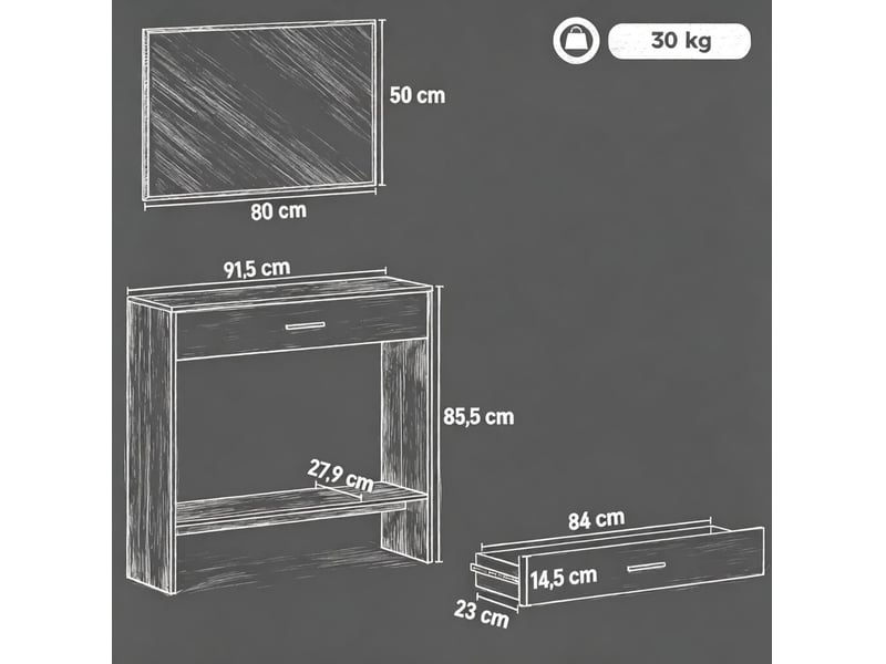  Console d'entrée 91,5x27,9x85,5 cm avec miroir panneau de particules chêne et blanc  - Conforama C