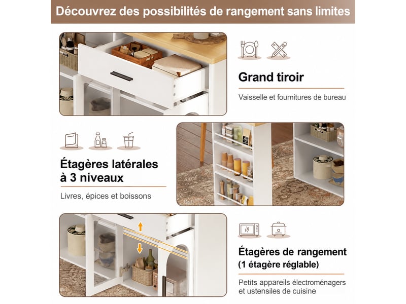 Îlot de cuisine avec plateau pivotant à 360° 136 x 50 x 78 cm, tiroir, étagères, portes vitrées et rangement, blanc - Conforama D
