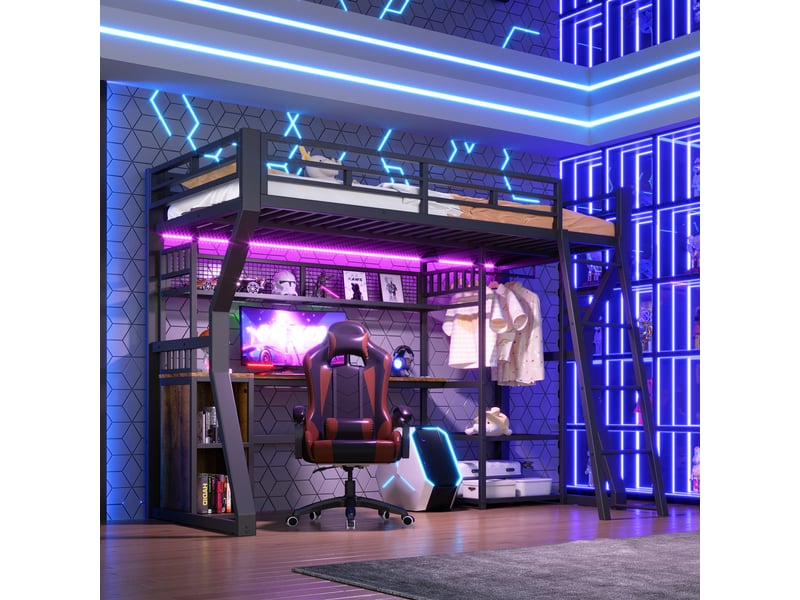  Lit mezzanine 90 x 200 cm avec rangements intégrés, bureau intégré, éclairage led, en mdf et métal – noir, matelas non inclus  - Conforama B