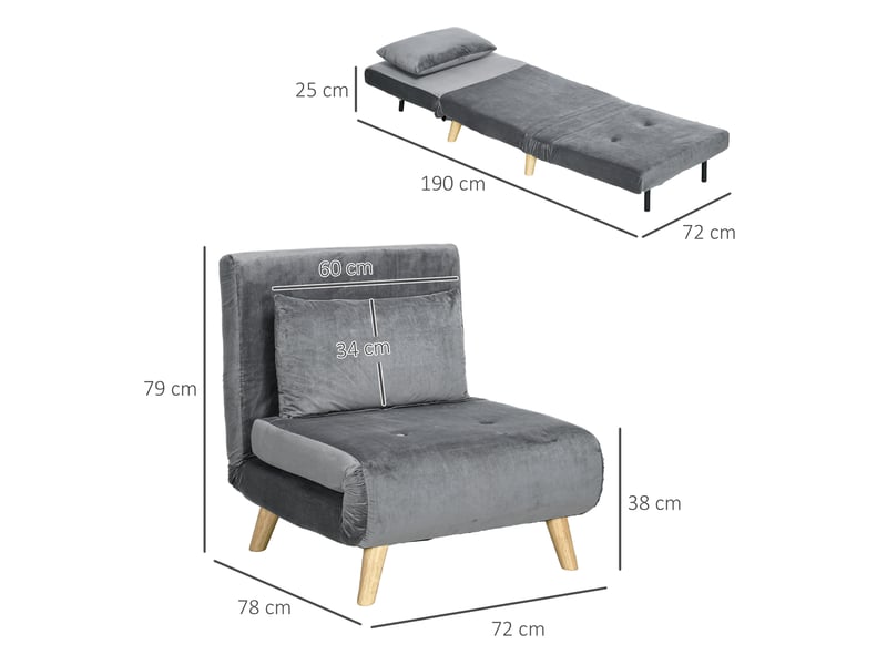 Fauteuil-lit,72x78x79 cm,2-en-1 avec dossier réglable,polyester,gris  - Conforama C