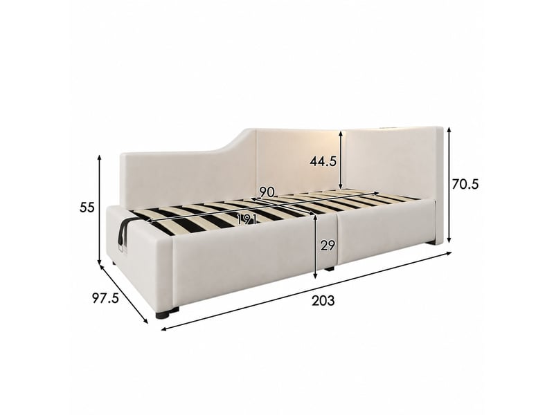  Lit banquette 90x190 cm avec coffre, liseuse et ports usbusb-c, velours beige  - Conforama C