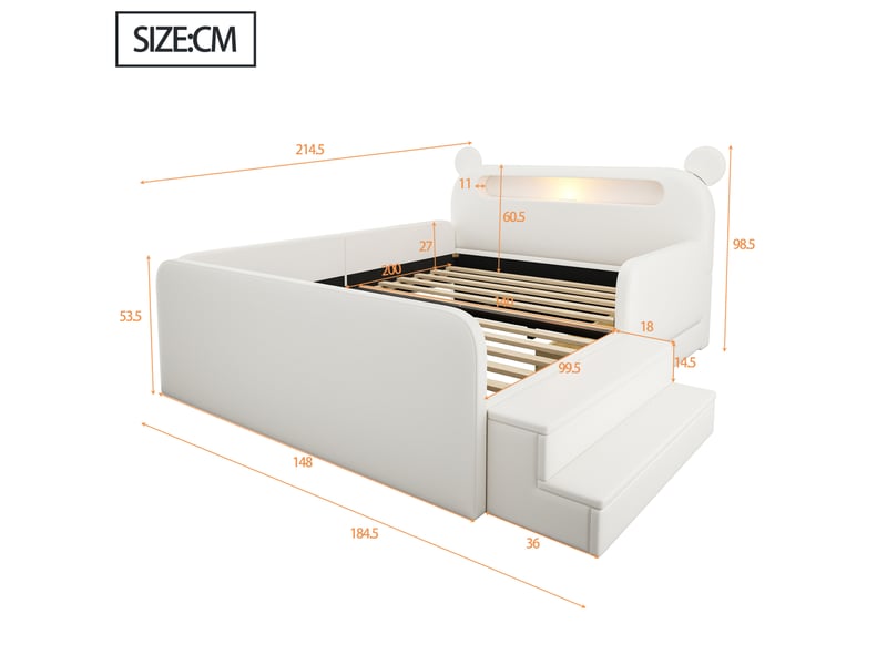  Lit enfant 140 × 200 cm avec rangements, tiroir, veilleuse et port usb, tête d’ours en simili cuir blanc pour chambre  - Conforama C